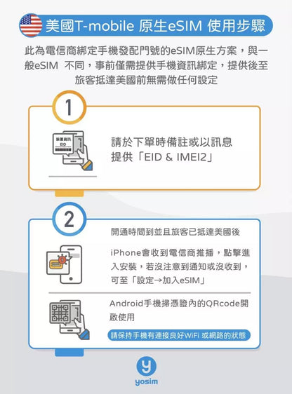 美國 T-Mobile 原生 eSIM｜無限上網＋通話｜配發美國號碼 - yosim