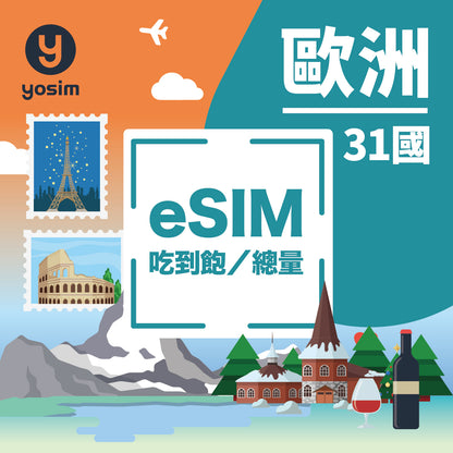 歐洲31國eSIM上網卡 - 涵蓋法國德國英國西班牙義大利等國家 - 高速流量吃到飽旅遊網卡